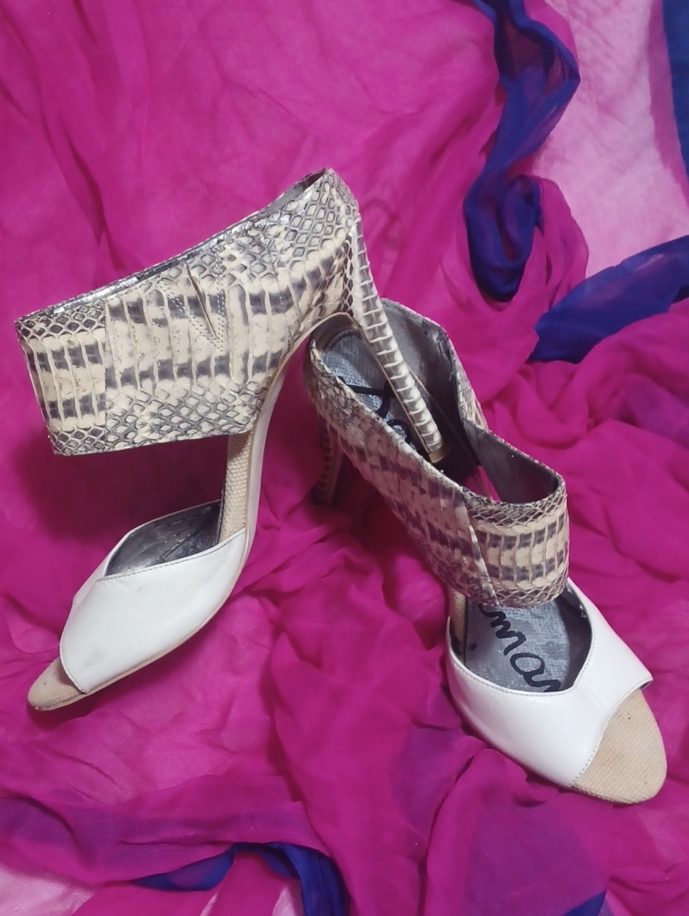 SAM EDELMAN Real Pyton Cream Leather Linen Toe Bed High Heel Mule Sandal 9.M